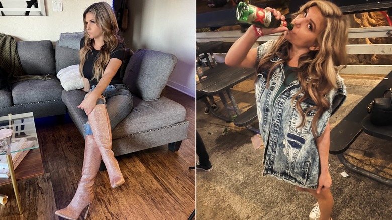 Brandi Passante posing in a black top and drinking in a denim jacket