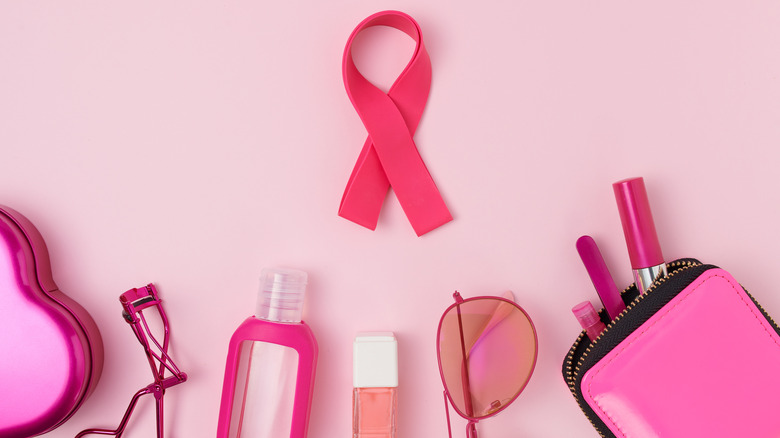 Breast cancer symbol with beauty products 