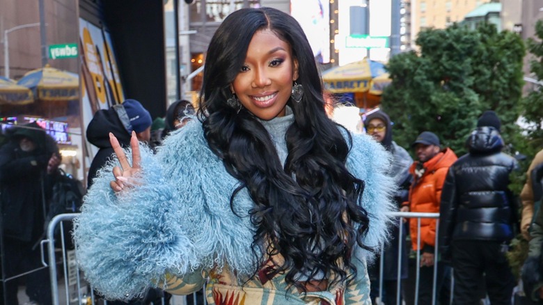 Brandy wearing a fluffy powder blue sweater and long dark waves