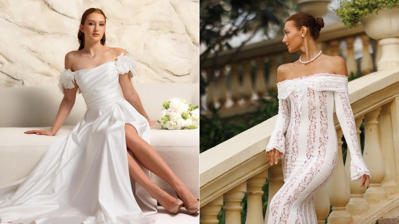 (L) A woman wearing a simple coordinated bridal look (R) A woman one with plenty of bridal fashion texture