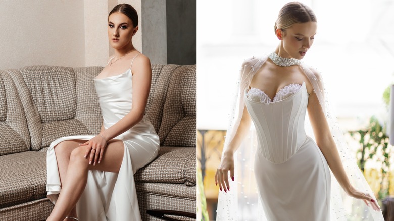 Side by side, two women in white wedding dresses