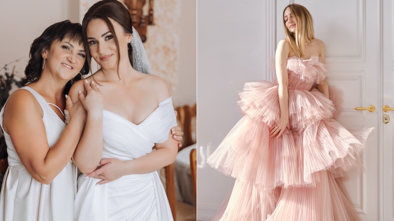 (L) Two women wearing classic white dresses (R) A woman wears a blush pink gown