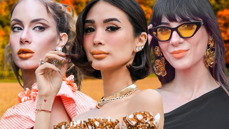 Four women wearing pumpkin spice lips