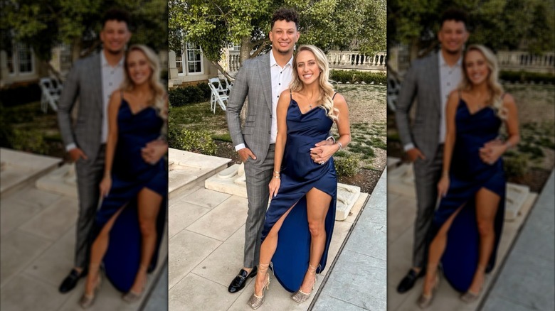 Brittany Mahomes and Patrick Mahomes pose together at an estate wedding.
