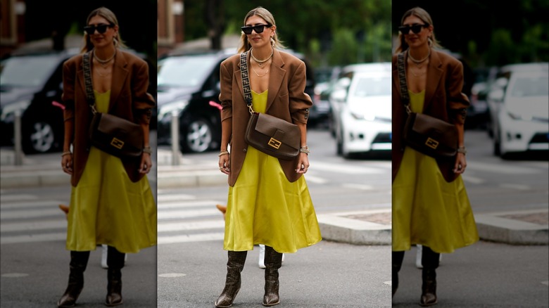 Oversized brown blazer over yellow slip dress