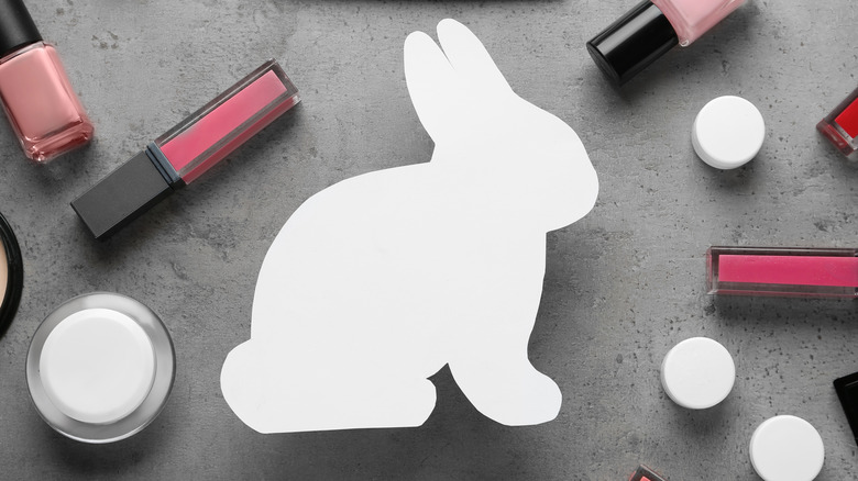 silhouette of bunny surrounded by cosmetic products