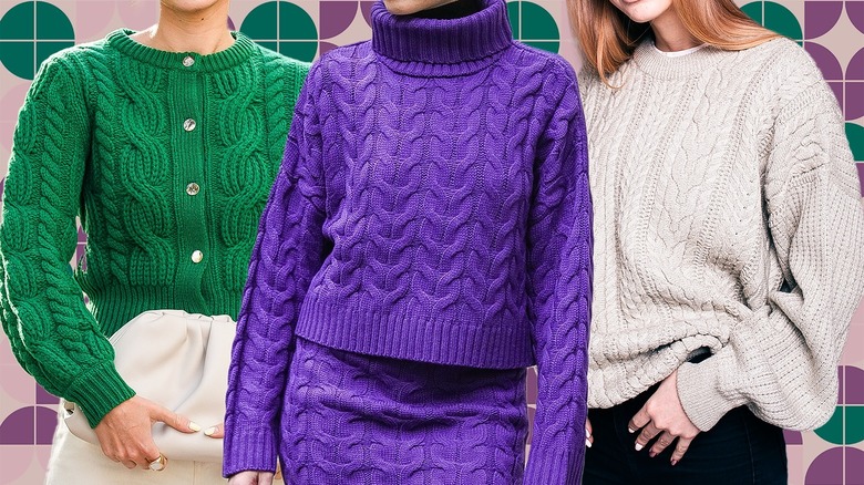 Three women wearing cable-knit sweaters