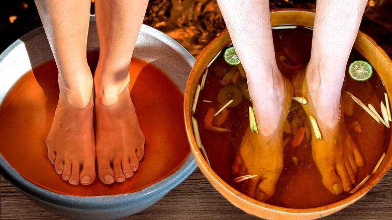 Women soaking their feet in tea