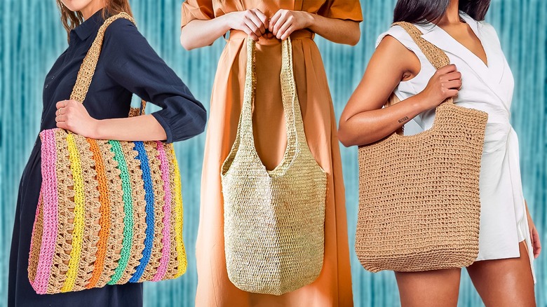 Girls wearing raffia bags on a fall background