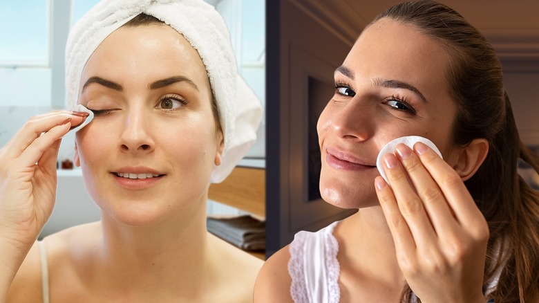 women applying toner morning night