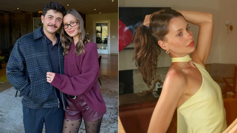 Split image of Natasha Perry with husband and in yellow dress