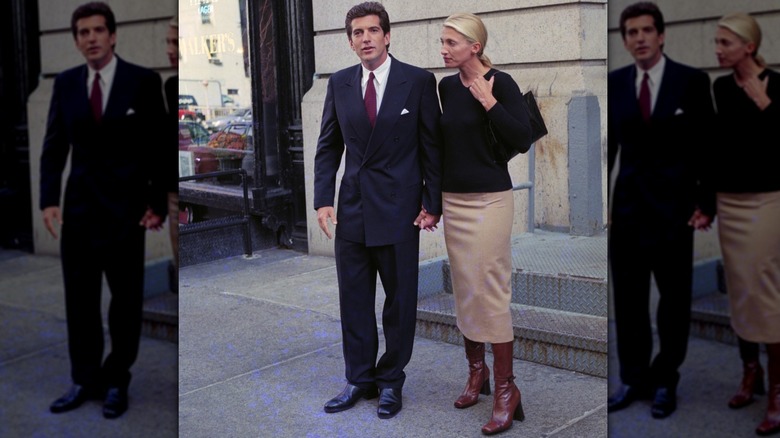 Carolyn Bessette-Kennedy wearing a beige maxi pencil skirt