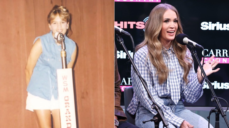 Split image of Young Carrie Underwood at the Grand Ole Opry on the left and talking into a mic on the right.