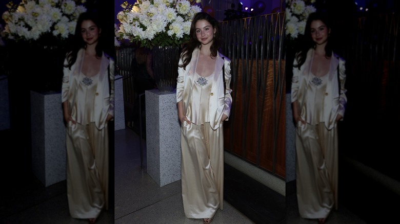 Carys Douglas wearing a silky cream set