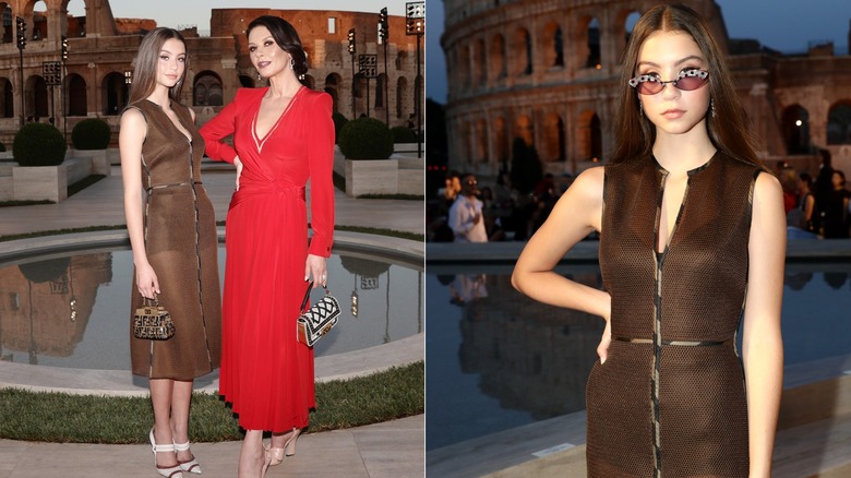Carys Douglas wearing a brown sheer dress with Catherine Zeta Jones in Rome