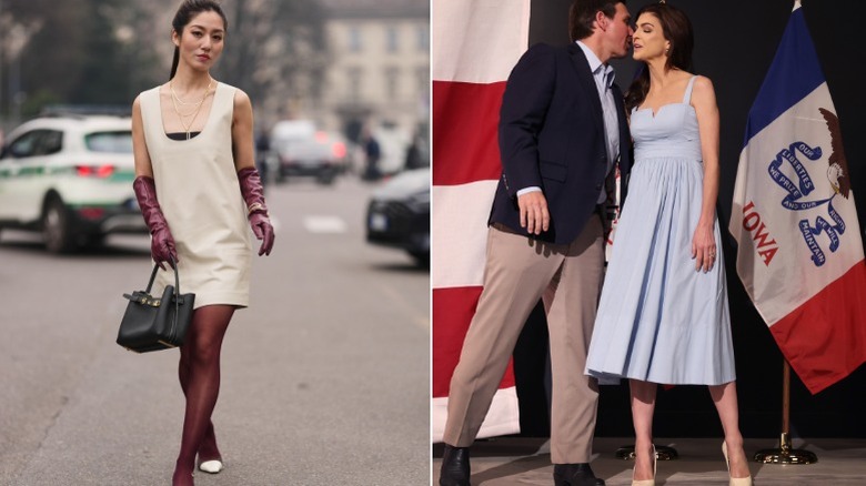 A fashion week guest wear opera-length gloves stylishly, and Casey DeSantis wearing a formal dress without any gloves