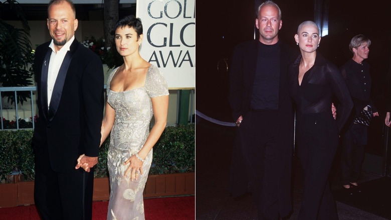 Demi Moore with short hair in a silver dress and Bruce Willis with facial hair in a tux in 1995 of the left and dressed in all-black on the at an event in 1996 on the right.