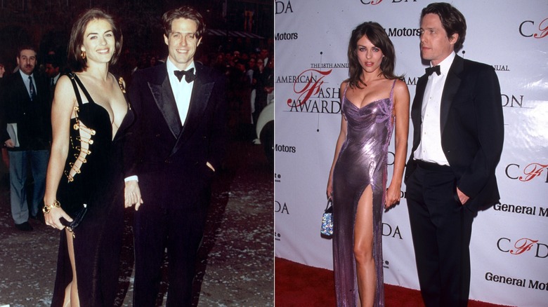 Elizabeth Hurley in a daring black dress and Hugh Grant in a tux in 1994 on the left and in a purple dress and tux, respectively at an event in 1999 on the right.