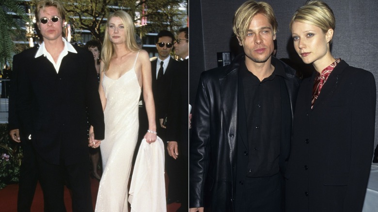 Gwyneth Paltrow in a white dress and Brad Pitt in a black suit with a white shirt in 1996 on the left and with matching haircuts in 1997 on the right.