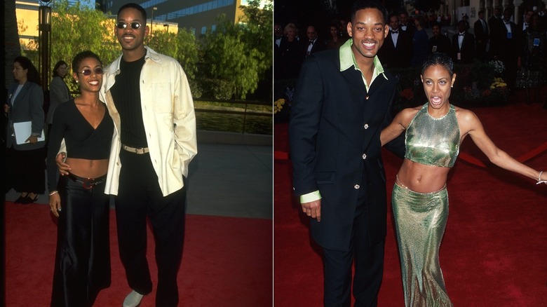 Jada Pinkett Smith wearing a black two-piece outfit and Will Smith in a black outfit with a white jacket in 1996 on the left and dressed in more eye-catching outfits in 1997 on the right.