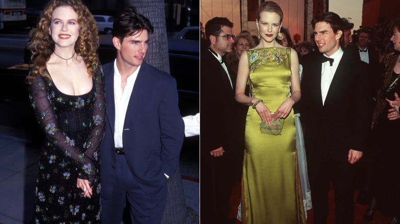 Nicole Kidman in a black floral dress and Tom Cruise in a blue suit in 1993 on the left and in a yellow gown and black tuxedo at a 1997 event on the right.