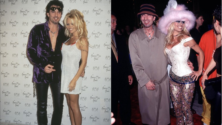 Pamela Anderson in a white dress and Tommy Lee in purple and black in 1996 on the left and in flamboyant outfits at a 1999 event on the right.