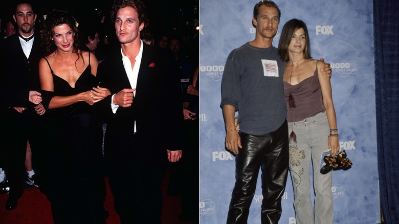 Sandra Bullock in a black dress and Matthew McConaughey in a tux in 1997 on the left and dressed casually at an event in 1999 on the right.