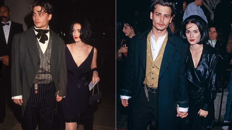 Winona Ryder in a black dress and Johnny Depp in a gothic-style suit in 1991 on the left and wearing a black trench coat and ornate suit, respectively, at an event in 1990 on the right.
