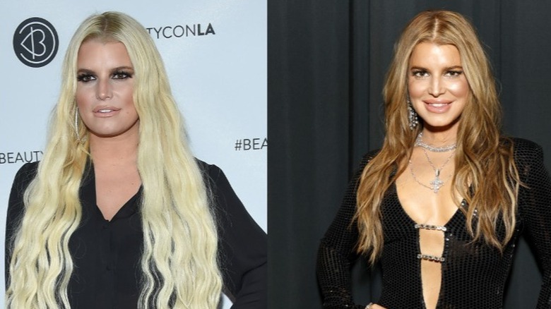 Jessica Simpson posing in a black dress