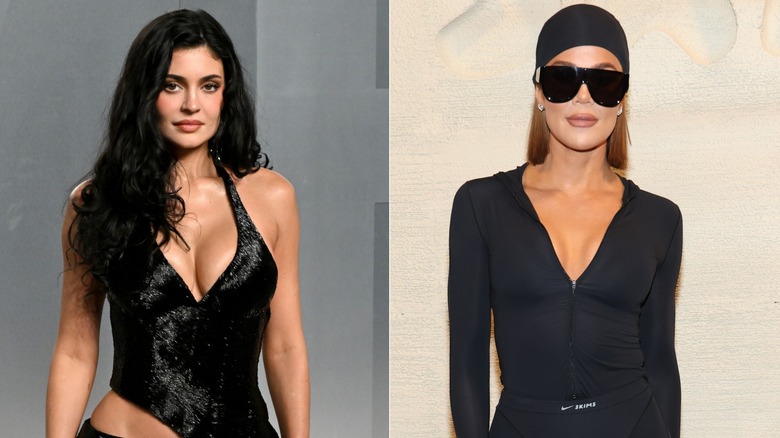 A split photo of Kylie Jenner and Khloe Kardashian posing