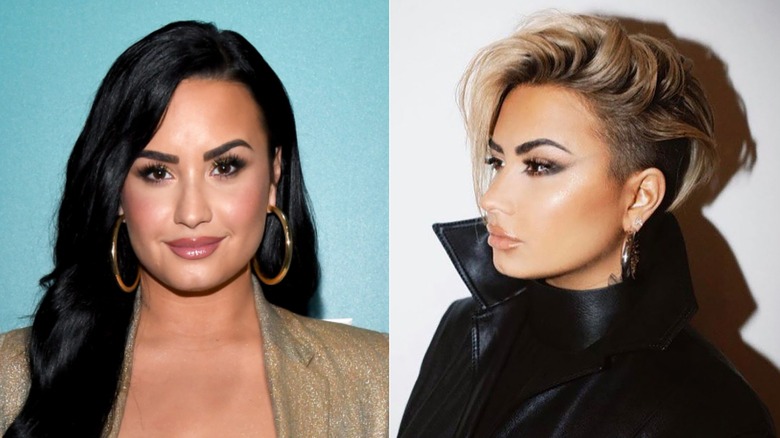 Demi Lovato long hair short blond pixie cut