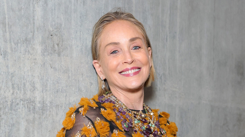 Sharon Stone smiling with slicked-back hair against a gray background.