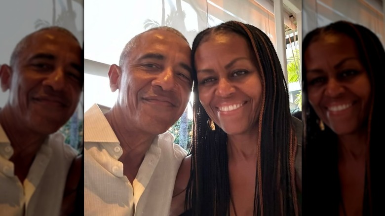 Michelle and Barack Obama smiling together in a selfie.