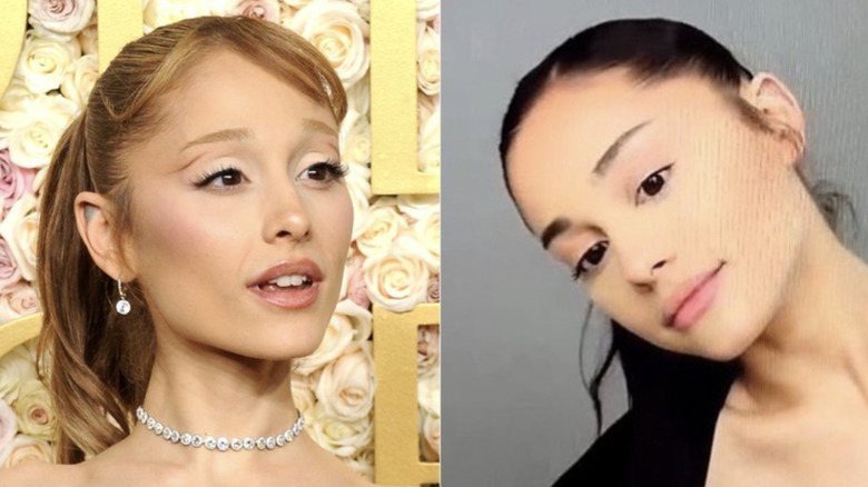 Side-by-side of Ariana Grande wearing fluttery false lashes and a light, falsie-free makeup look.