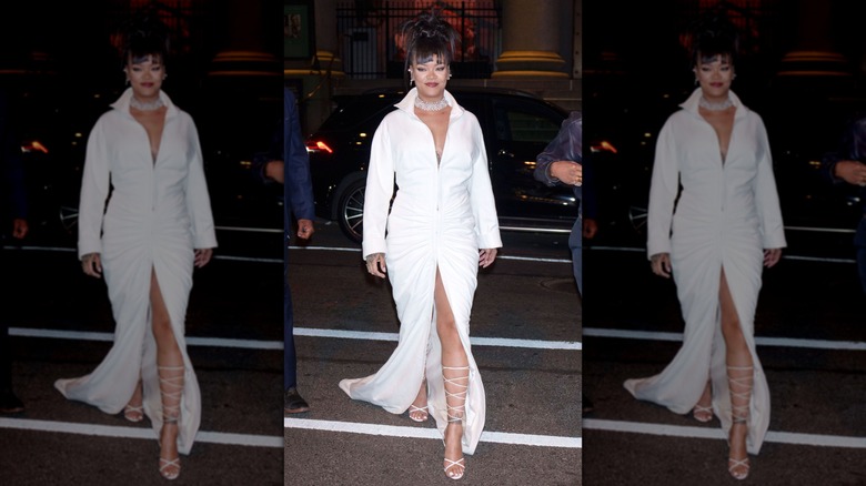 Rihanna walking in a white dress in New York City