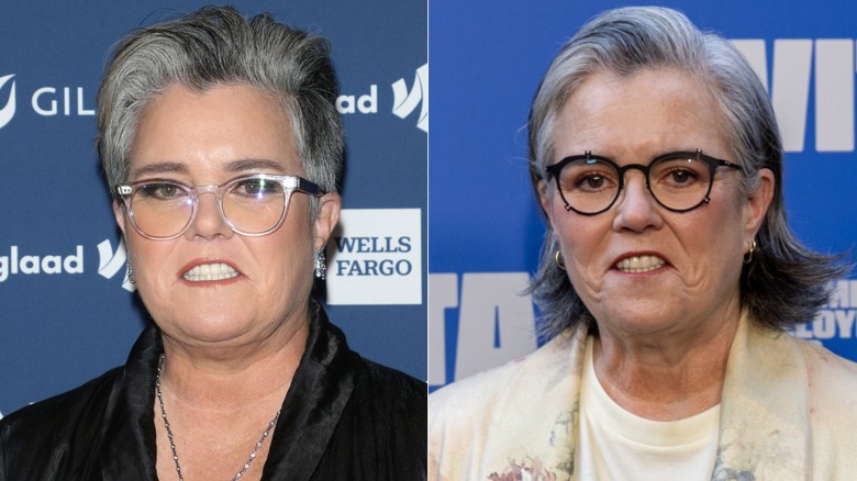 Side-by-side photos showing Rosie O'Donnell's weight loss around the neck and face