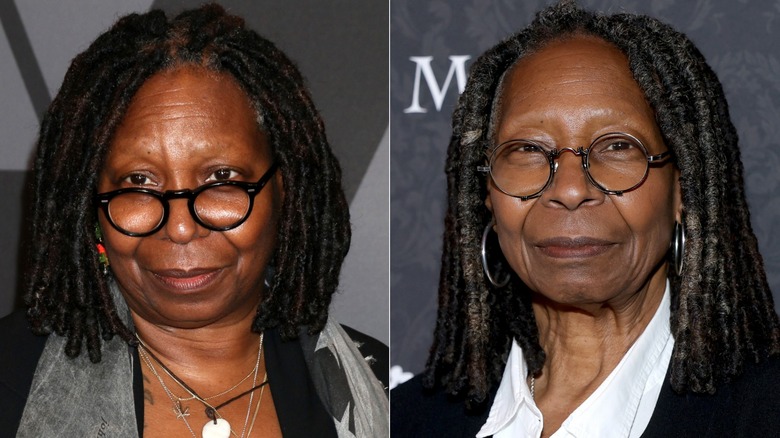 Side-by-side photos showing Whoopi Goldberg's weight loss around the neck