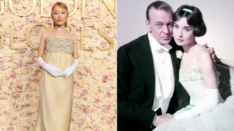 Ariana Grande in 2025 and Audrey Hepburn in "Love in the Afternoon" with Gary Cooper