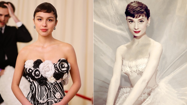 Olivia Rodrigo in 2023 and Audrey Hepburn in 1956
