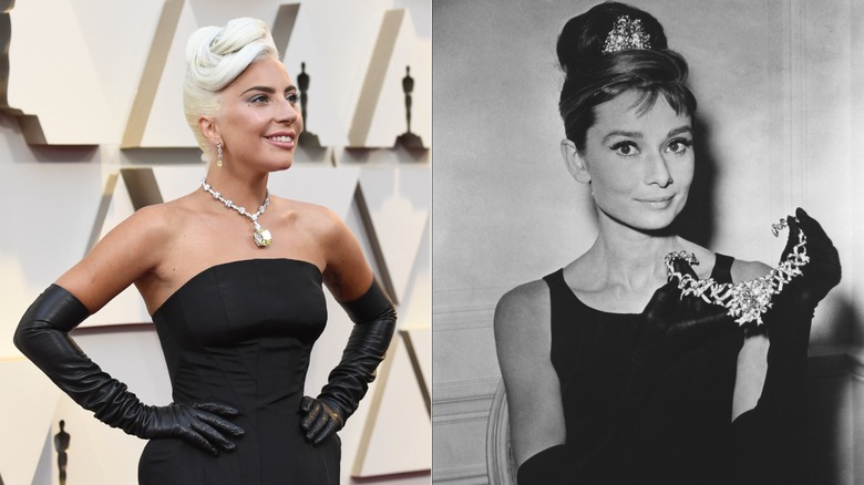 Lady Gaga in 2019 and Audrey Hepburn in "Breakfast at Tiffany's"
