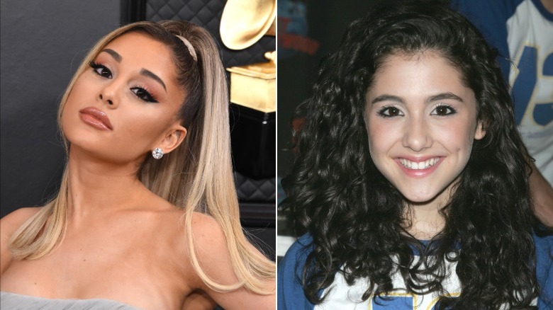 Ariana Grande posing with her head tilted at an event on the left, and smiling in a photo with dark, curly hair on the right.