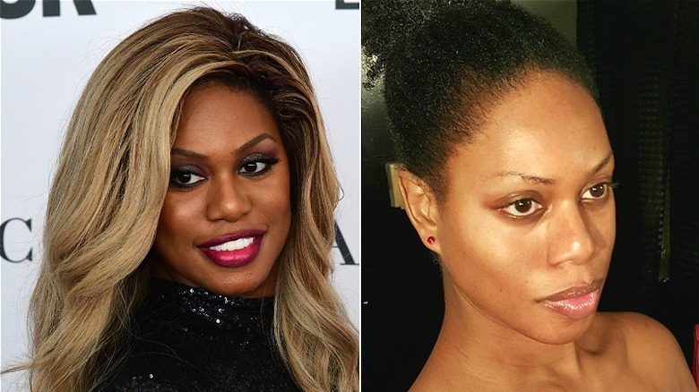 Laverne Cox at a red carpet event on the left, and posing for a photo for a selfie on Instagram on the right.