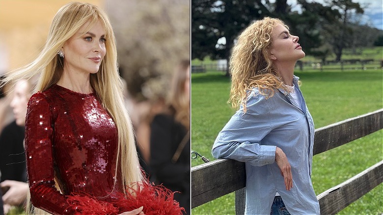 Nicole Kidman in a sparkly red dress at an event on the left, and leaning against a fence at a ranch on the right.
