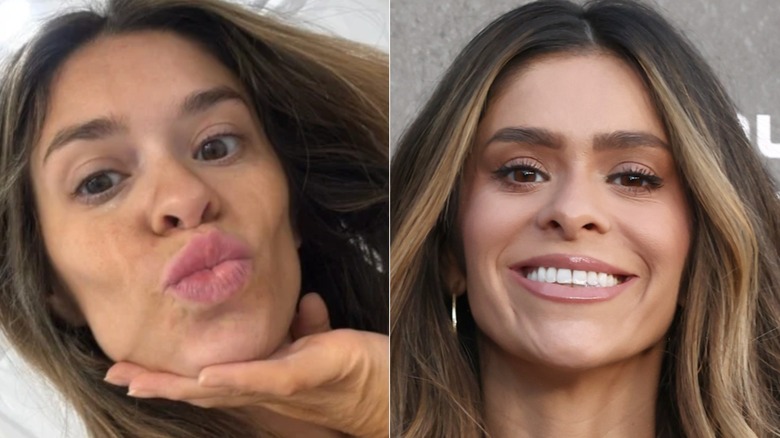 Side-by-side of Taylor Frankie Paul with and without her eyebrows done. On the left, she is posing for the camera with her lips pursed. Her natural eyebrows are thick and full. On the right, she is at an event with her makeup done. Her eyebrows are filled in with a brown eyebrow pencil.