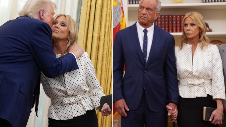 Donald Trump kisses Cheryl Hines and she stands with her husband in the Oval office