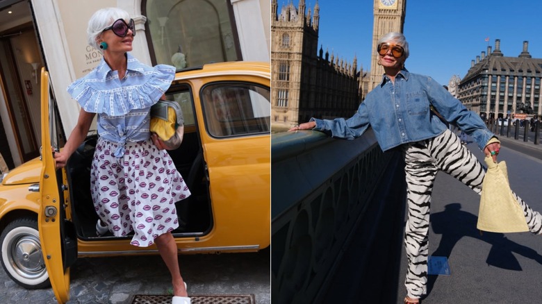 Grece Ghanem steps out of a yellow taxi wearing / Grece Ghanem wearing zebra trousers and a denim shirt