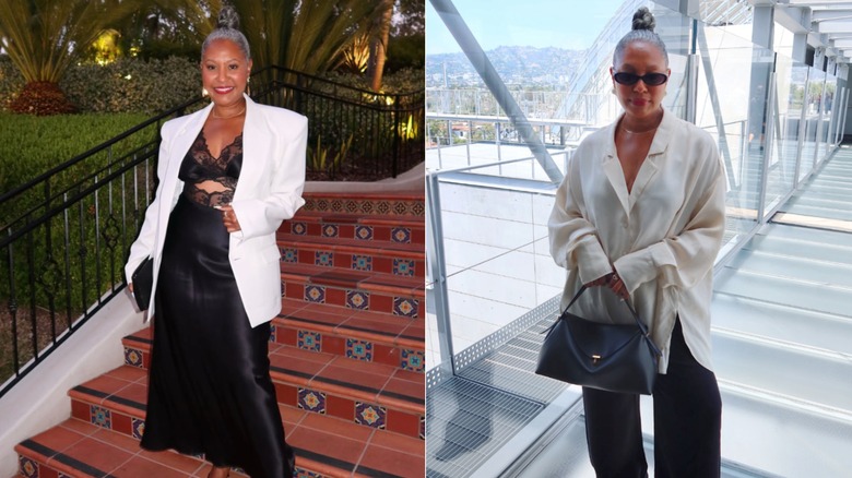 Tennille Jenkins smiles wearing a black dress and white blazer / Tennille Jenkins poses wearing a white shirt and sunglasses