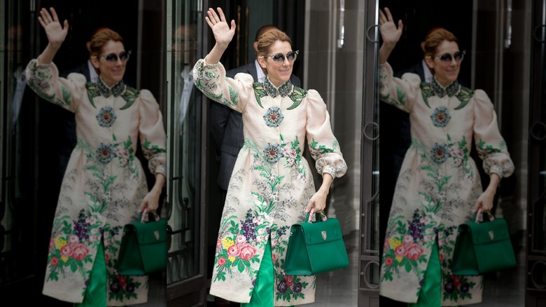 Céline Dion wearing a floral coat waving to the fans