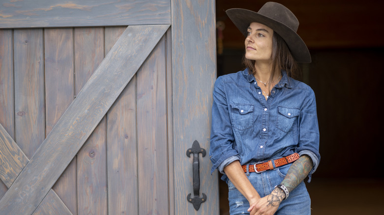 a woman in a chambray western style shirt
