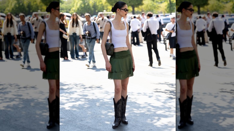 a model outside outside Elie Saab show Haute Couture Fall/Winter 2026/2027 on July 08, 2026 in Paris
